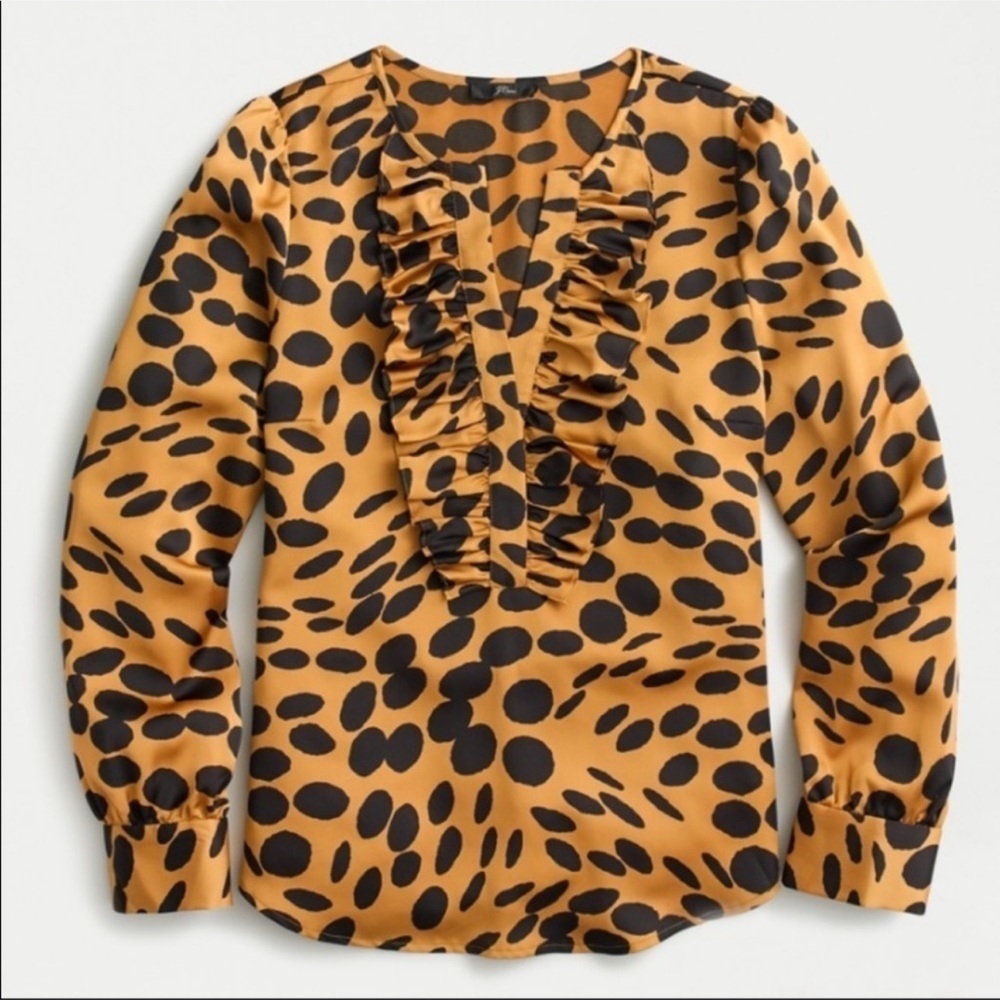 NEW J Crew Long Sleeve Ruffle Neck Wavy Dot Blouse XS